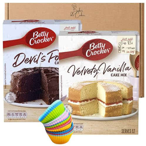 Betty Crocker Chocolate & Vanilla Cake Mix Bundle with Cupcake Moulds | Includes Betty Crocker chocolate and vanilla cake mixes with 24 reusable silicone cupcake moulds for baking.