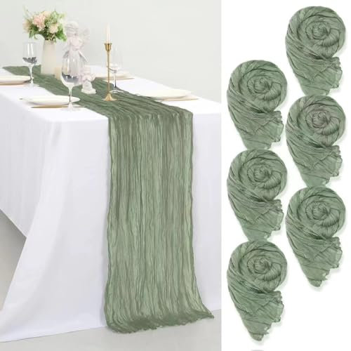 6 Stück Seihtuch Tischläufer Salbeigrün,55x300cm Rustikaler Gaze Stoff Boho Tischläufer Käsetuch Cheesecloth Tischläufer Hochzeit Tischdecke für Hochzeitsfeier Brautparty Tischdekoration