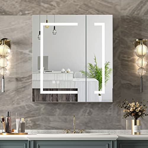 KEEPREAPER Spiegelschrank Bad mit Beleuchtung, Badschrank hängend mit 2 Tür und 3 Einlegeböden, Badezimmerschrank mit Anti-Fog und Spiegel für Badezimmer modern, 60x13x65cm