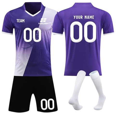 Personalised Football Kit for Kids with Name Number Team Logo Customised Football Shirts Shorts and Socks Football Jersey for Boys and Adults Football Tracksuits Gifts Purple