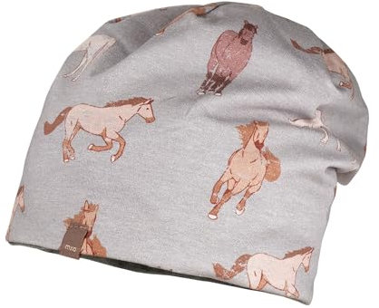 maximo Mini-Beanie für Mädchen und Jungen, Herbst/Winter, Reversible Jersey Bedruckt mit Futter, grau mit Pferden, Gr. 51