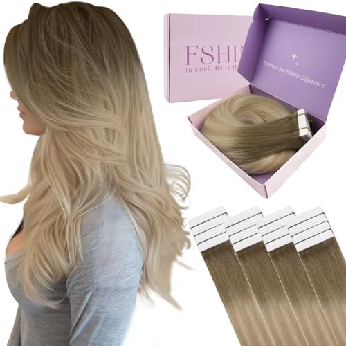 Fshine Tape in Extensions Echthaar 30cm 30g 20 Stücke Haar Extensions Echthaar Tape Aschbraun mit Übergängen zu Platinblond und Aschblond Farbe 8 60 18