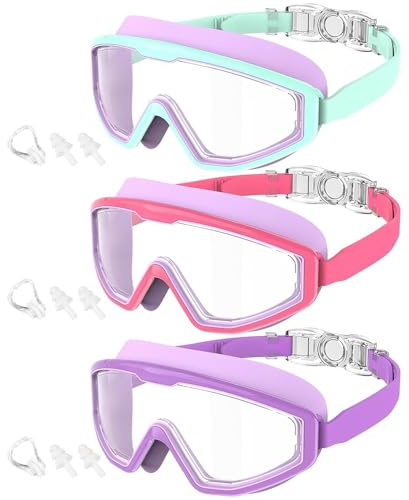 QALLY Kids Goggles Age 4-16, Anti-Fog UV 180°Clear View Kids Swim Goggles, 3 Pack Swimming Goggles Waterproof Pool Goggles for Boys Girls Toddler Kids Youth
