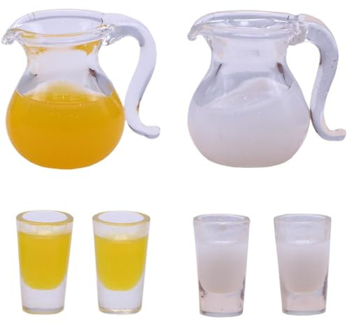 Miniatur Food Getränke Set, 6pcs/Set 1/12 Skala Saftkrug und Tasse, Glaspuppenhausküche Set für Puppenhause Frühstückszene Accessoires