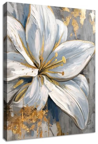 WENGTIAO Gris Blanc Or Lys Fleurs Encadré Toile Peinture Impression Florale Abstraite Minimaliste Nordique sur Toile Decoration Murale Salon Maison Deco Chambre Prête à Accrocher 30x40cm