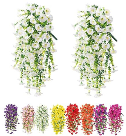 Denxahao 2 Stück Künstliche Blumen Hängend Kunstblumen Kunstpflanzen Imitationsblumen Kunstblumen Geeignet für Zuhause, Hochzeiten, Außenbereich, Hofdekoration und Wandanhänger (Weiß)