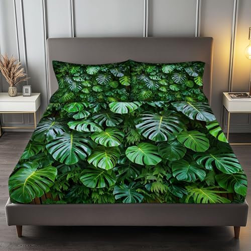 Green Printed Fitted Sheets Single Bedding, Jungle Monstera Leafy Stripes Bed Sheets with Deep Pocket 30cm for Kids Teens Adults, Soft Microfibre Shrinkage Fade Resistant Easy Care