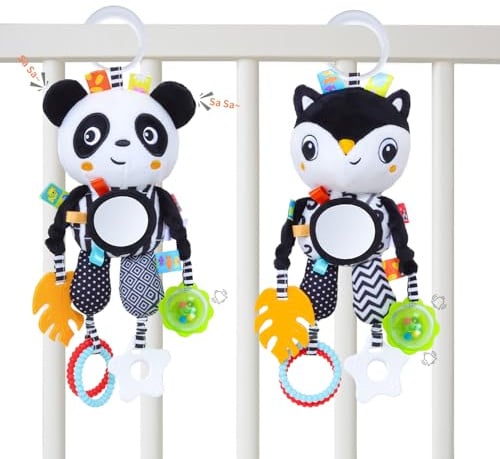 MokukuToys Schwarzes und Weißes Baby Spielzeug,Tier Plüsch Hängendes Spielzeug,Autositz Kinderwagen Spielzeug Geschenk für Neugeborenes Jungen und Mädchen 0 3 6 9 12 Monate
