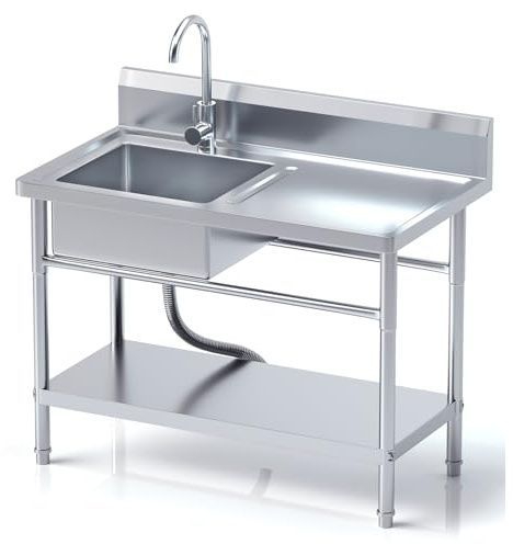 RiveraSink Fregadero Inox Autoportante 100x55x80 cm con Encimera | Acero Inoxidable, Encimera Integrada, Grifo Giratorio 360°, Cesta Filtro, Cuba Grande, Altura Regulable, Uso Profesional