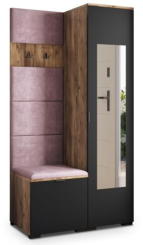 Masseno Flugarderoben Set VIRA, Kleiderschrank-Set mit Spiegel und Sitzbank, Garderobenschrank Flur mit 3 Regalböden, Eiche Lefkas/Schwarz