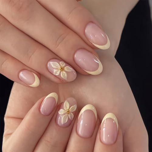 24Pcs Yellow French Tip Press On Nails – 3D Flower Short Oval False Nails, Glossy Nude Floral Press Ons, Summer Cute Acrylic Nails for Women