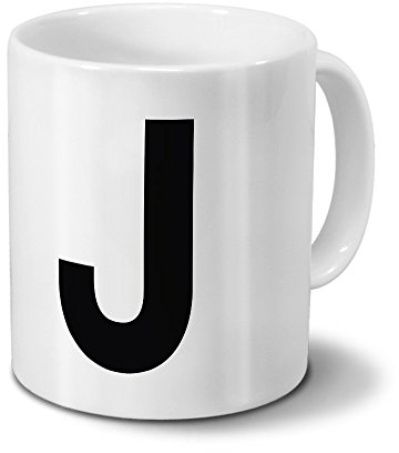 printplanet Tasse mit dem Buchstaben J - Motiv Letters - Trend, Modern, Kaffeebecher, Mug, Becher, Kaffeetasse - Farbe Weiß