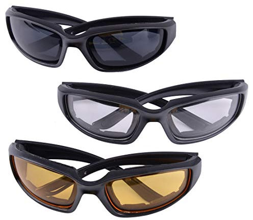 3 paires de lunettes de moto Sports Biker Lunettes d'équitation Mousse rembourrée Lunettes de soleil résistantes au vent Jaune & Clair & Gris