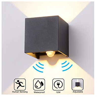 INHDBOX 12W Wandleuchte Wandleuchte mit Bewegungsmelder, LED Wandleuchte Innen/Außen Wasserdicht Verstellbare Aussenlampe, Wandleuchte Sensor für Garten/Flur/Weg Veranda -Warmweiß (Anthrazit)