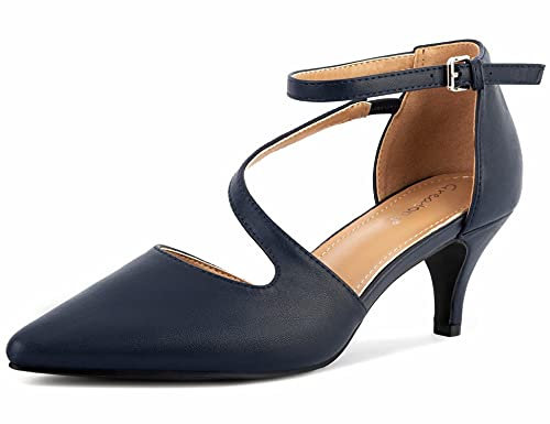 Greatonu Womens Court Shoes D'Orsay Ankle Strap Low Kitten Heel Dress Pumps Wedding Bridal Navy UK 6