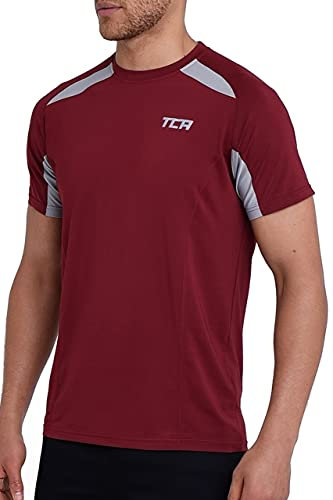 TCA Quick Dry T Shirt Gym Top for Men Short Sleeve Running Top Mens Gym Clothes Sports Active wear, Lightweight Breathable Moisture Wicking Clothing - Cabernet, L