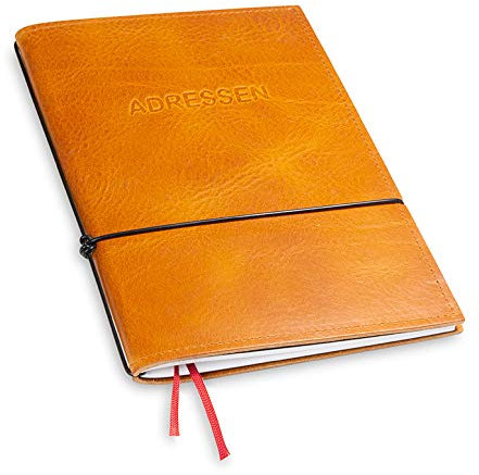 A5 und 9 mm dünn! Revolutionäres, X17- Adressbuch ! Belgisches Leder braun cognac, Innen: 1 Adressheft und einem Lesezeichenband, austauschbar=nachhaltig! Made in Germany, 17 Jahre Garantie*