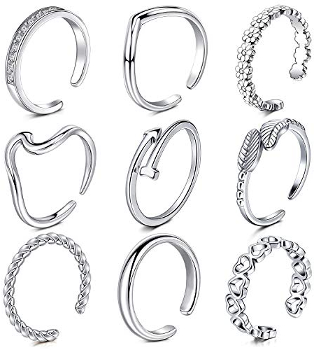 Rajnard Silver Toe Ring Zehenring Fingerringe Gelenkringe OP-Stahl Verstellbarer Bandring Fingerknöchel Fußring Blume Herz Blatt Pfeil Design für Frauen Mädchen 9St