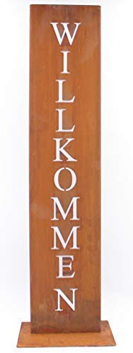 Rostikal Willkommen Schild 100 cm Garten Stele Rost Deko für Garten auf Bodenplatte