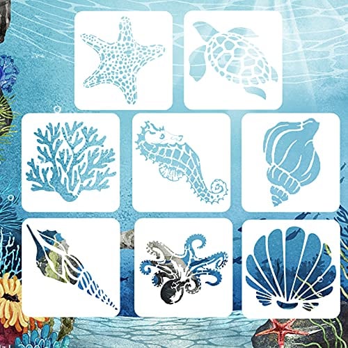 AvoDovA 8 Stück Schablonen für Malerei von Meereskreaturen, wiederverwendbar, Tagebuch, Malschablone für Kinder, Zeichnungsschablonen für Basteln, Handwerk, Scrapbooking, Malerei auf Holz, 13 x 13 cm