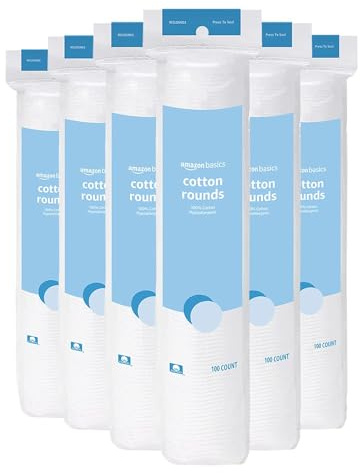 Amazon Basics Hypoallergenic 100% Cotton Rounds for Makeup Remover and Skincare, All Skin Types, 600 Count, 6 Packs of 100 Count