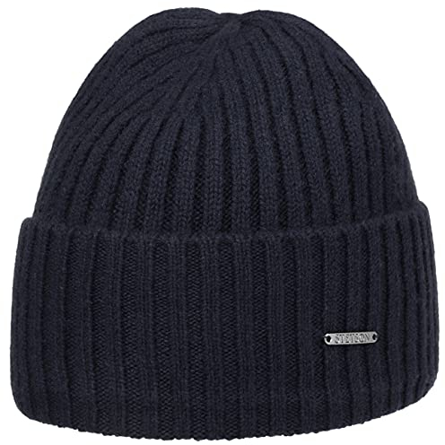 Stetson Varnell Kaschmirmütze Damen/Herren One Size (ca. 55-61 cm) - 100% Kaschmir - Wintermütze - Breiter Umschlagrand - Kuschelig warm - Länge 22 cm - Strickmütze Herbst/Winter dunkelblau One Size