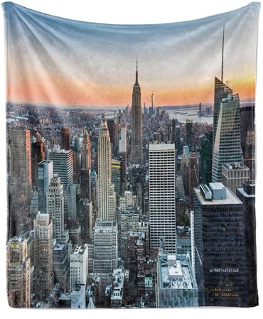 ABAKUHAUS New York Weiche Kuscheldecke Sofadecke, NYC Manhattan Skyline Abenddämmerung, Gemütlicher Plüsch für den Innen- und Außenbereich, 125 x 175 cm, Grau und Orange