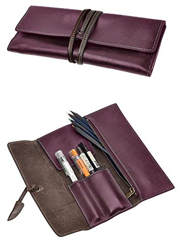 ZLYC Handgefertigtes Leder-Federmäppchen, weiche Rolltasche, Schreibwaren, Geschenk für Schüler, burgunderfarben, Einheitsgröße, Retro-Stil