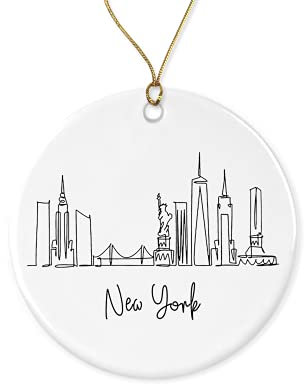 KrysDesigns New York Ornament Weihnachtsbaumschmuck – Geschenk, Keramik, Feiertagsdekoration, Geschenk, Porzellan, 7,6 cm, flach mit goldfarbenem Band auf beiden Seiten