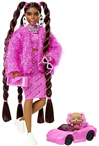 Barbie Poupée Mannequin Extra n° 14 avec Tenue Rose 2 Pièces, Veste Brillante, Très Longs Cheveux, Figurine Chiot et Accessoires, Jouet Enfant, Dès 3 Ans, HHN06
