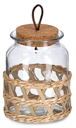 Zeller 19583 Boho - Tarro de cristal con tapa de corcho, 1000 ml, diámetro aprox. 12 x 15,5 cm, decoración de mesa de malla de paja estilo Markramee, almacenamiento de nueces, galletas…