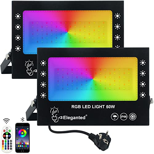 Eleganted RGB LED Strahler 50W,2er RGBW-Farbwechsel Flutlicht mit Fernbedienung & App Steuerung,IP66 Wasserdicht Außenstrahler Bunt Fluter Dimmbar für Garten Party Baum Stimmungslicht