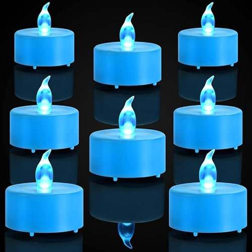 Candele a LED tremolante a batteria, senza fiamma, lampada votiva a lunga durata, 200 ore, confezione da 24, realistiche e luminose per feste stagionali (blu)