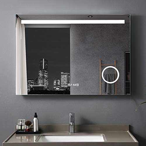 MEESALISA LED Badspiegel 120x80 cm mit Beleuchtung Badezimmer Wandspiegel Antibeschlage Lichtspiegel mit Steckdose Uhr Touch Dimmbar