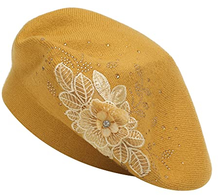 ZLYC Damen Wolle Baskenmütze Klassische Französischen Barett Warm Beret Mütze(Blume Gelb)