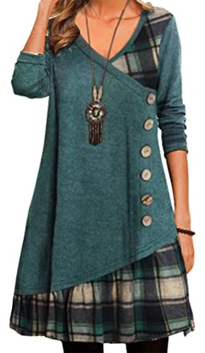 Onsoyours Robe Femmes Casual Automne Bouton Manches Longues Robe Chic Imprimé Patchwork Écossais À Grand Swing Mi-Longue Robe Chic Décontracté Robe De Soirée A Vert XXL