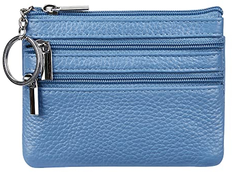 Damen Echtleder Münzbörse Mini Pouch Kleingeldbörse mit Schlüsselanhänger, himmelblau, Einheitsgröße, Münzbörse