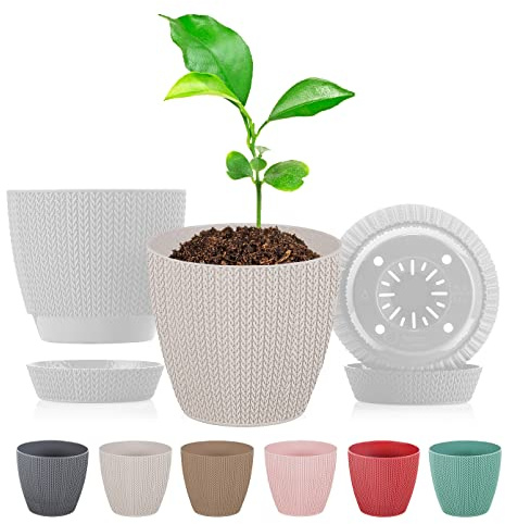 minify Blumentöpfe-Set in 3 Größen ⌀140/173/218mm Flechtmuster Pflanztöpfe mit Innentopf (Weiß)