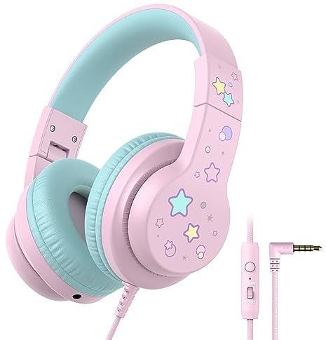 iClever Kids Headphones for School/Travel with Safe Volume 85/94dB, HS19S Stereo Sound Over-Ear Girls Boys Headphones for Kids with Mic FunShare, Foldable 3.5mm Wired Headphone for iPad/Computer