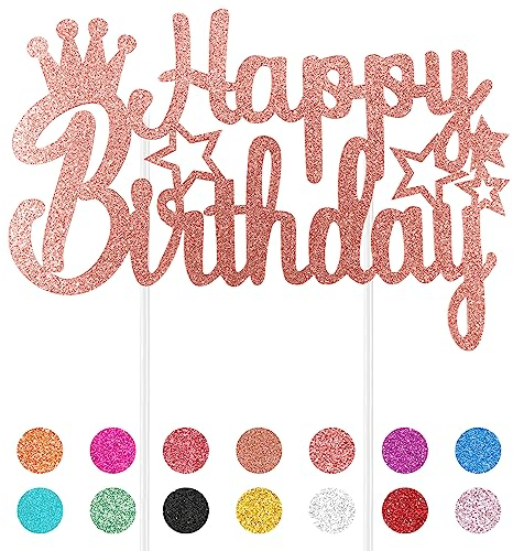 Happy Birthday Cake Topper, Glitter Happy Birthday Cake Toppers, Champagne Birthday Cake Decorations Supplies Theme Party for Children Adults Women Men - 1 PCS