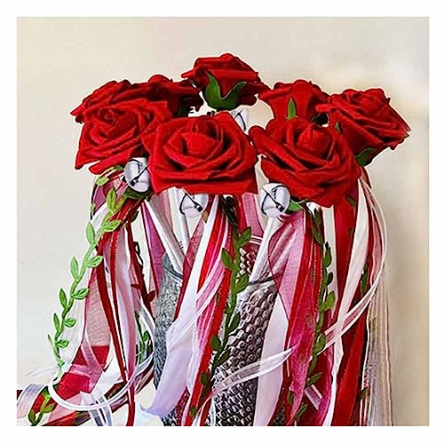 SHTGOI 5 Stück Wedding Wands Rose Hochzeitsbänder Zauberstäbe mit Baum-Rebe und Glocken Spitze Stäbe Glücksstäbe Seidenfeenstab Ribbon Feenstäbe für Hochzeit Weihnachten Geburtstag Party Rot