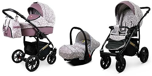 BabyLux® Enfant Poussette Combinée Set 3 en 1 - Miracle - incl. Nacelle, Canne, Siège de voiture - Siège Auto - Landau Bébé - avec Sac à langer, Habillage pluie, Moustiquaire etc.