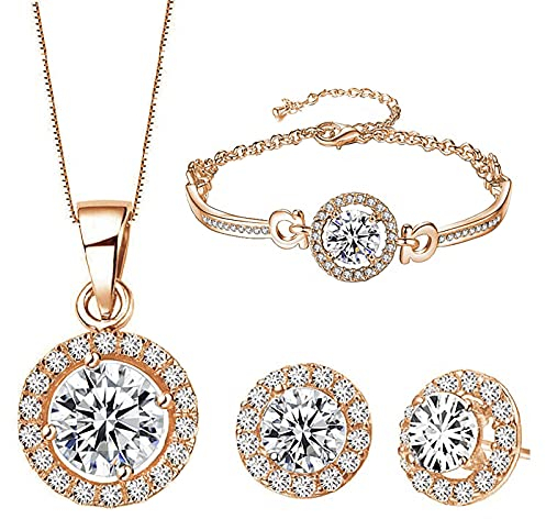 Rumnoke Jewellery Set for Women Cubic Zirconia Jewelry Set Necklace Bracelet and Earrings Set Gifts for Women Rose Gold
