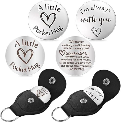 2 Pièces Jeton de Câlin de Poche, Jeton de Poche avec Inscription, Jeton de Poche avec Porte-clés en Cuir, Souvenir en Acier Inoxydable Double Face pour Famille Enfants Amis