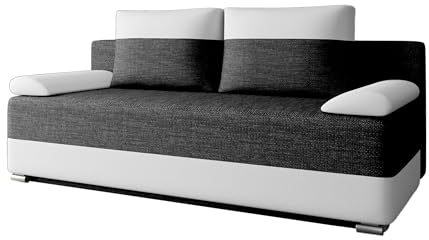 Schlafsofa ATLANTA – Polstersofa Schlafcouch Sofa Sofagarnitur Couch Schlafsofa für Wohnzimmer mit Bettfunktion, Schlaffunktion und Bettkasten: 200x90x96 cm - Schwarz + Weiß (Lawa 06 + Soft 17)