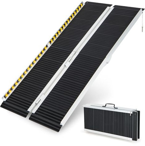 COSTWAY 3FT/4FT/5FT/6FT Wheelchair Ramp, Folding Portable Aluminum Ramp with Transition Plate and Reflective Warning Stickers, Non-Slip Threshold Ramp for Home, Steps & Stairs, 272kg Capacity (5FT)