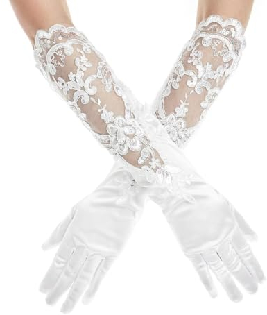 KSJEHW 2024 Lang Satin Handschuhe Damen Braut Ellenbogen Handschuhe, Satin, Spitze und Pailletten-Verzierungen(Weiß,46cm)