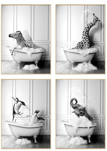 DEUXYU Premium Badezimmer Deko Bilder 4er, A4 Moderne Bad Poster Set, Lustige Tier in der Badewanne Leinwandbilder, Hängende Gemälde Wandbilder, Kunstdruck Wandposter für Badezimmer 21x30cm