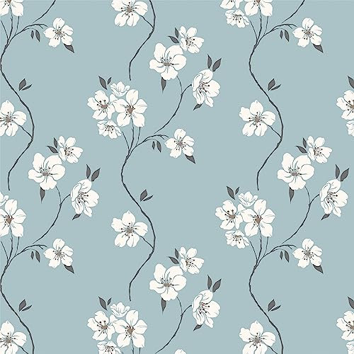 Timeet Self Adhesive Wallpaper Blue Contact Paper White Flowers Floral Print 39x1000cm(15.35in x 393.70in) Sticky Back Plastic Roll Peel and Stick Wallpaper Waterproof Vinyl Film for Furniture