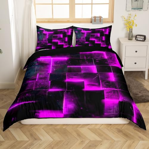 Homewish Schwarz und Lila Bettbezug Modern Abstract 135x200 Bettwäsche Set,3D Glühende Plaid Tröster Abdeckung Gradient Gitter Bett Set,Neon Quadratische Bettwäsche (Schwarz Reversibel)